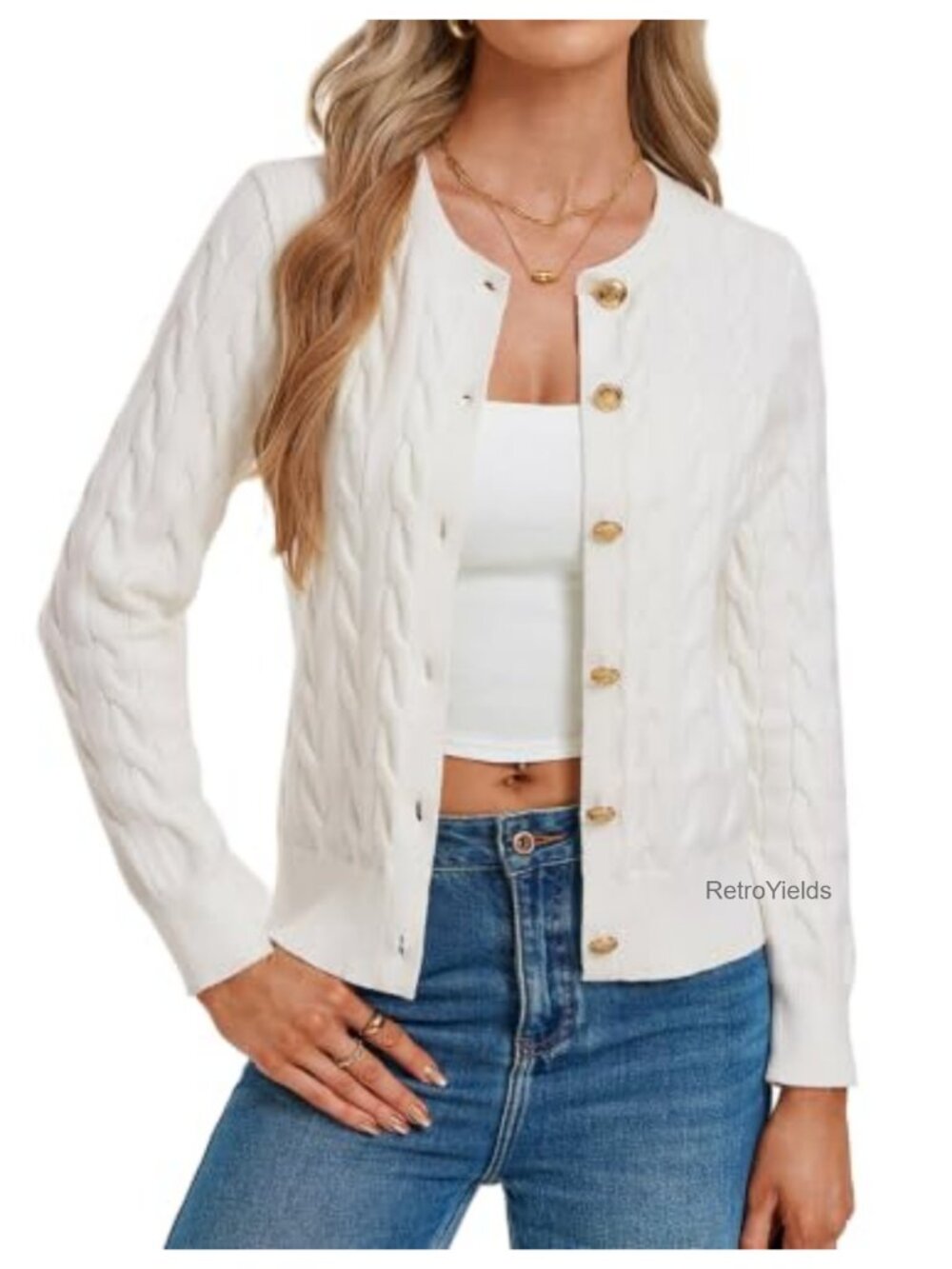 Button Up Cable Knit Cardigan Sweater Long Sleeve Crew Neck Fall Layer